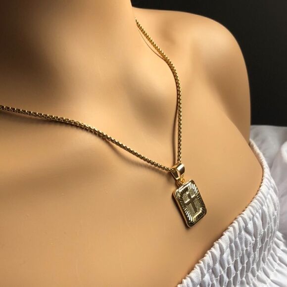 NEW Gold Block Cross Pendant Necklace Unisex 18” Religious Gold Chain Necklace - Picture 3 of 9